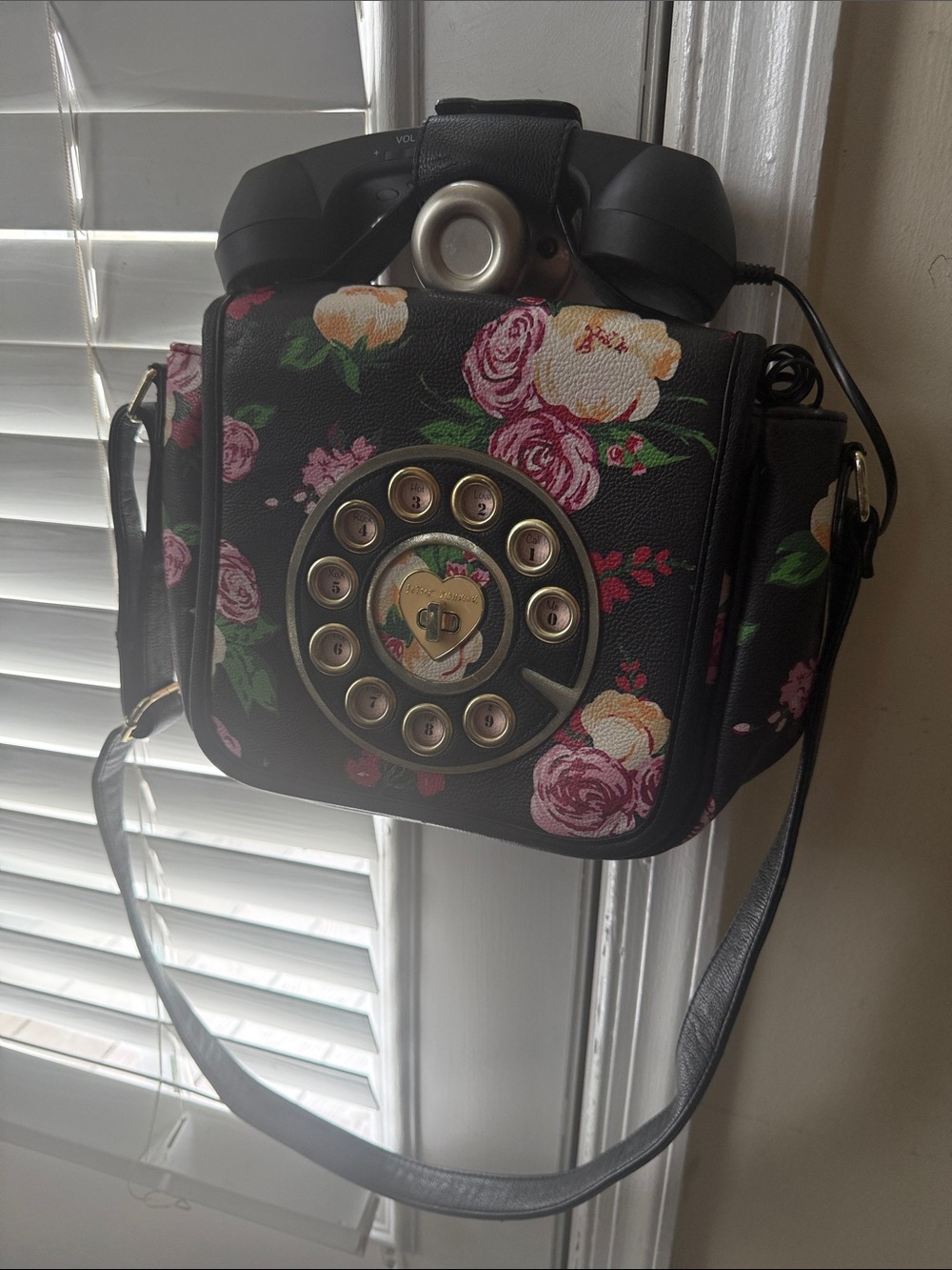 Betsey Johnson Black Floral Crossbody with Gold Rotary Dial Accent